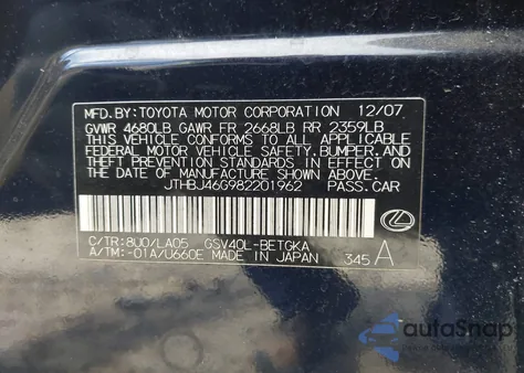 2008 Lexus Es 350 z USA, uszkodzony, nr VIN JTHBJ46G982201962